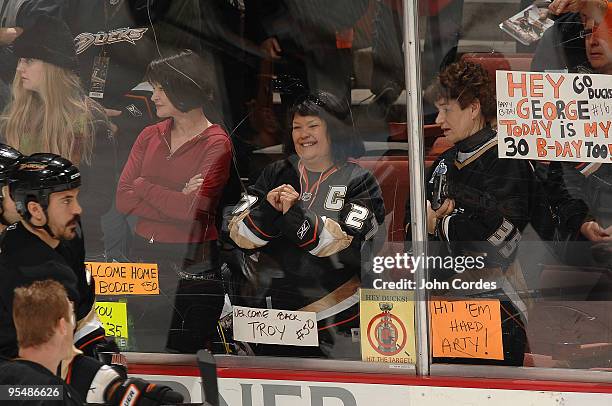 Fans of the Anaheim Ducks wish George Parros of the Ducks a happy birthday prior to the game against the Minnesota Wild on December 29, 2009 at Honda...