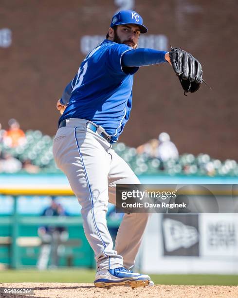 Brian Flynn of the Kansas City Royals pitches against the Detroit Tigers during a MLB game at Comerica Park on April 22, 2018 in Detroit, Michigan....