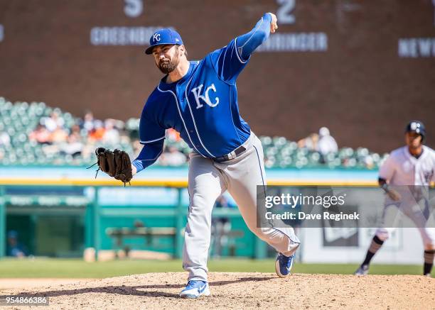 Brian Flynn of the Kansas City Royals pitches against the Detroit Tigers during a MLB game at Comerica Park on April 22, 2018 in Detroit, Michigan....