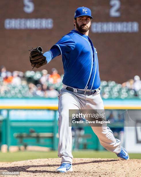 Brian Flynn of the Kansas City Royals pitches against the Detroit Tigers during a MLB game at Comerica Park on April 22, 2018 in Detroit, Michigan....