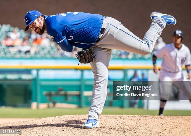 Brian Flynn of the Kansas City Royals pitches against the Detroit Tigers during a MLB game at Comerica Park on April 22, 2018 in Detroit, Michigan....