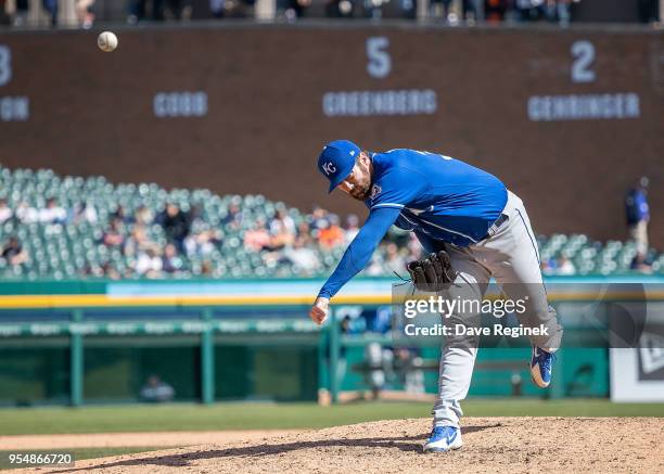 Brian Flynn of the Kansas City Royals pitches against the Detroit Tigers during a MLB game at Comerica Park on April 22, 2018 in Detroit, Michigan....