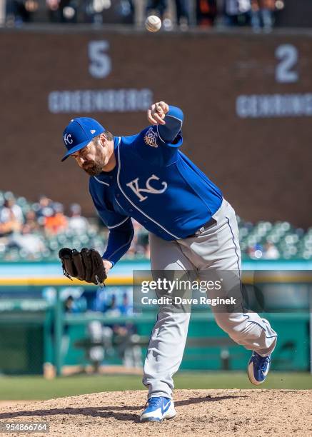 Brian Flynn of the Kansas City Royals pitches against the Detroit Tigers during a MLB game at Comerica Park on April 22, 2018 in Detroit, Michigan....
