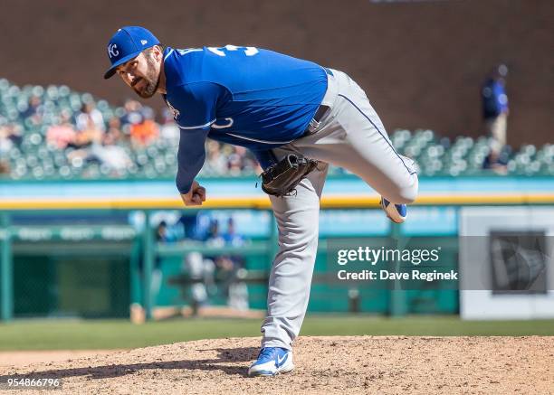 Brian Flynn of the Kansas City Royals pitches against the Detroit Tigers during a MLB game at Comerica Park on April 22, 2018 in Detroit, Michigan....