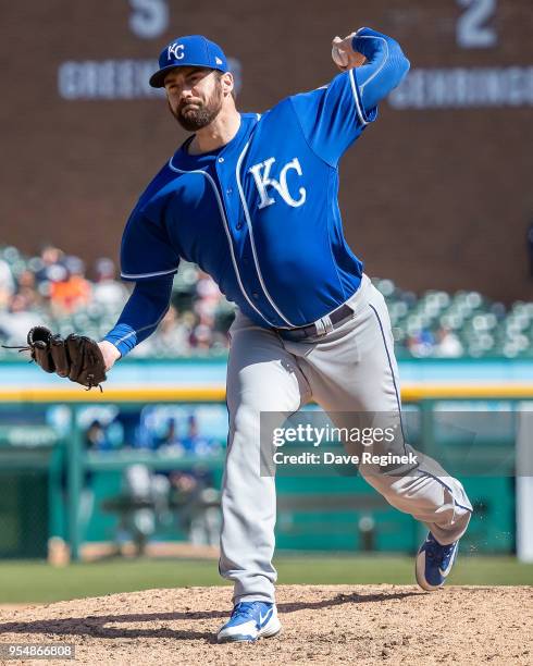 Brian Flynn of the Kansas City Royals pitches against the Detroit Tigers during a MLB game at Comerica Park on April 22, 2018 in Detroit, Michigan....