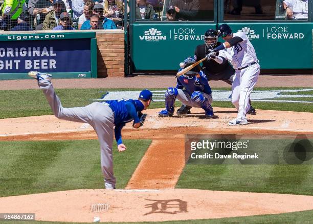 Eric Skoglund of the Kansas City Royals pitches to Victor Martinez of the Detroit Tigers during a MLB game at Comerica Park on April 22, 2018 in...