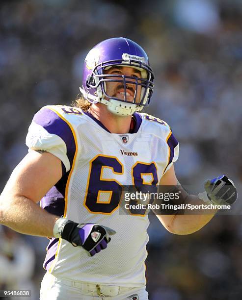 Jared Allen of the Minnesota Vikings looks on against the Pittsburgh Steelers at Heinz Field on October 25, 2009 in Pittsburgh, Pennsylvania. The...