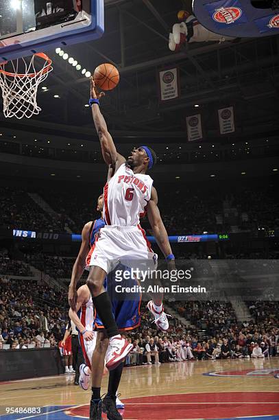 Ben Wallace of the Detroit Pistons goes up for a rebound over Jared Jeffries of the New York Knicks in a game at the Palace of Auburn Hills on...