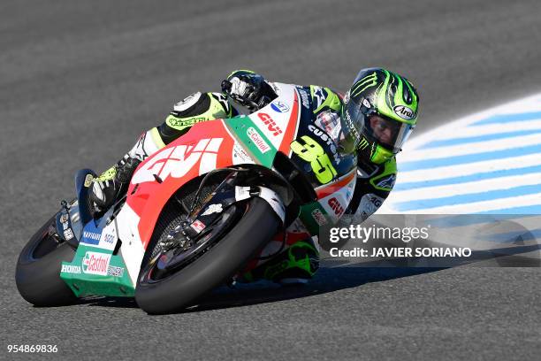 Honda's British rider Cal Crutchlow takes part in the third MotoGP free practice session of the Spanish Grand Prix at the Jerez racetrack in Jerez de...