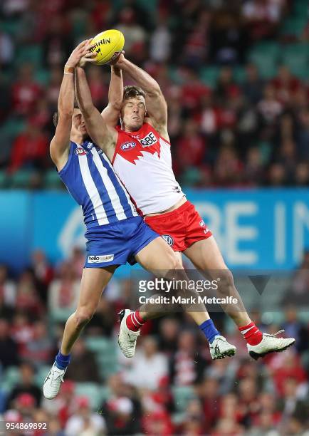 Luke Parker of the Swans and Ben Jacobs of the Kangaroos compete for a mark during the round seven AFL match between the Sydney Swans and the North...