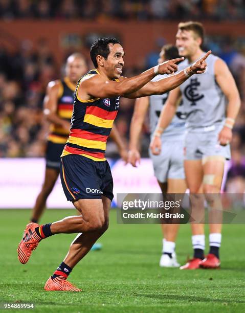 Eddie Betts of the Adelaide Crows celebrates a goal during the round seven AFL match between the Adelaide Crows and the Carlton Blues at Adelaide...