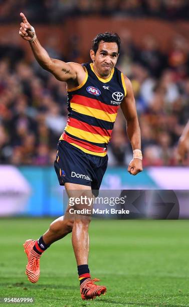 Eddie Betts of the Adelaide Crows celebrates a goal during the round seven AFL match between the Adelaide Crows and the Carlton Blues at Adelaide...
