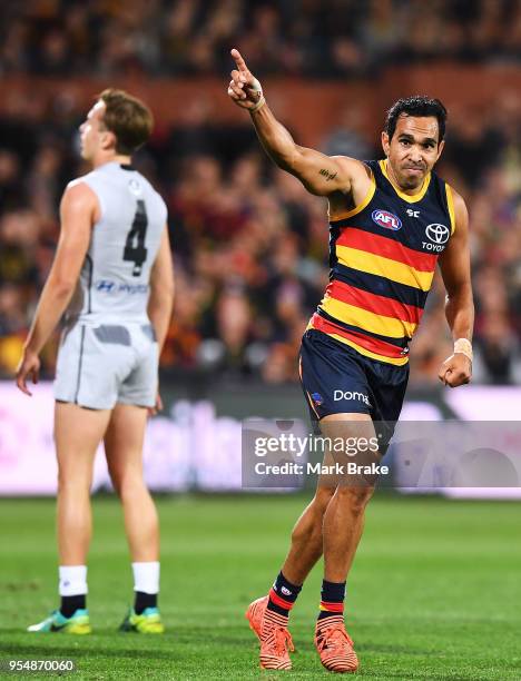 Eddie Betts of the Adelaide Crows celebrates a goal during the round seven AFL match between the Adelaide Crows and the Carlton Blues at Adelaide...