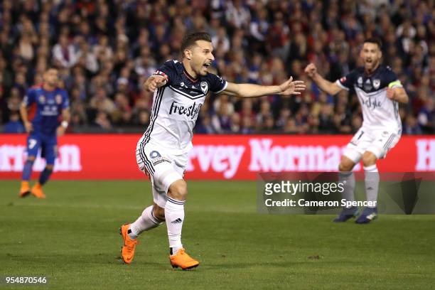 Kosta Barbarouses of the Victory celebrates kicking a goal during the 2018 A-League Grand Final match between the Newcastle Jets and the Melbourne...