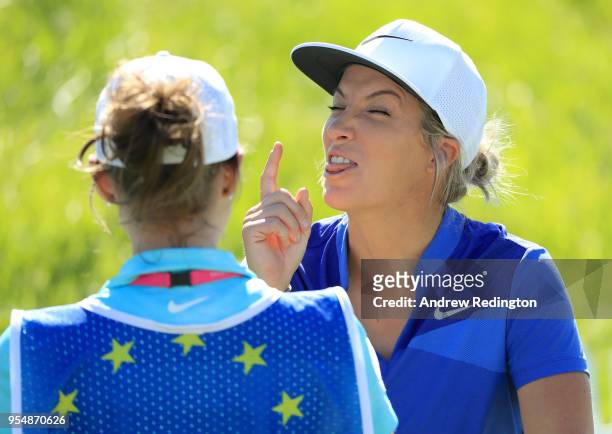 Mel Reid of the European Women reacts on the practice putting green during Day One of the GolfSixes at The Centurion Club on May 5, 2018 in St...