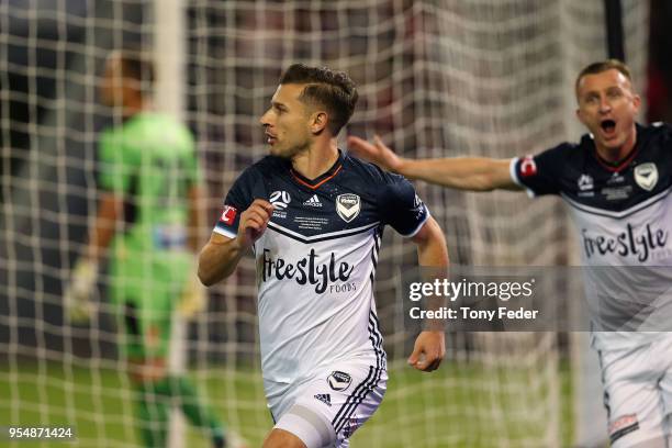 Kosta Barbarouses of Victory celebrates a goal during the 2018 A-League Grand Final match between the Newcastle Jets and the Melbourne Victory at...