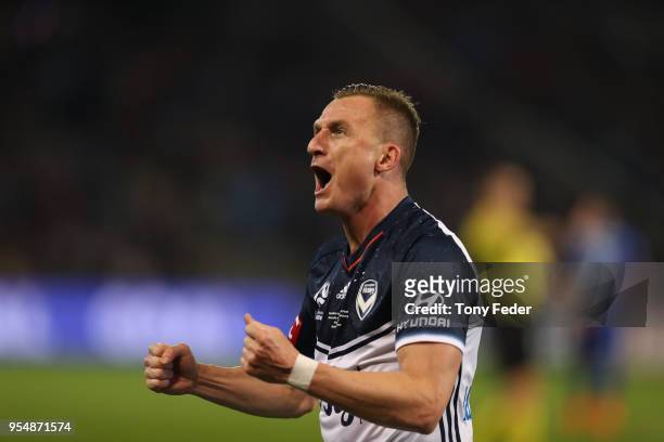 Besart Berisha of Victory celebrates a goal during the 2018 A-League Grand Final match between the Newcastle Jets and the Melbourne Victory at...