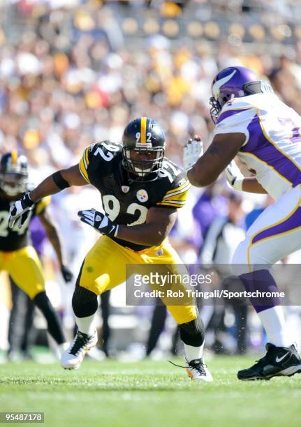 James Harrison of the Pittsburgh Steelers defends against the Minnesota Vikings at Heinz Field on October 25, 2009 in Pittsburgh, Pennsylvania. The...