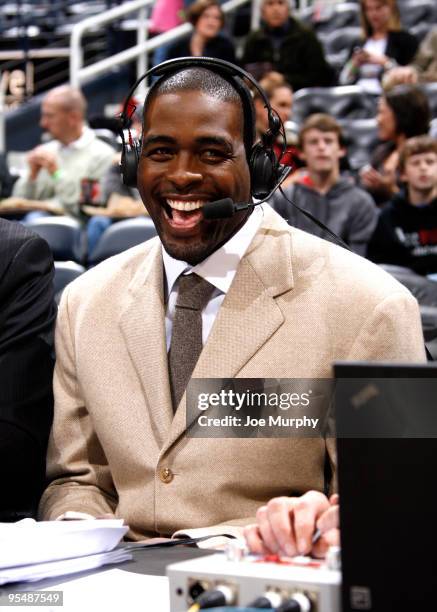 Chris Webber, broadcaster for NBA TV, laughs during a game between the Atlanta Hawks and the Cleveland Cavaliers on December 29, 2009 at Philips...