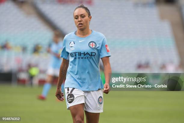 Kyah Simon of Melbourne City reacts during the round nine W-League match between the Western Sydney Wanderers and Melbourne City at ANZ Stadium on...