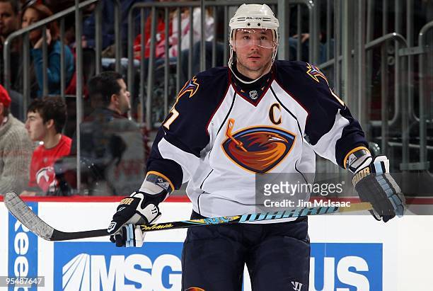 Ilya Kovalchuk of the Atlanta Thrashers skates against the New Jersey Devils at the Prudential Center on December 28, 2009 in Newark, New Jersey. The...