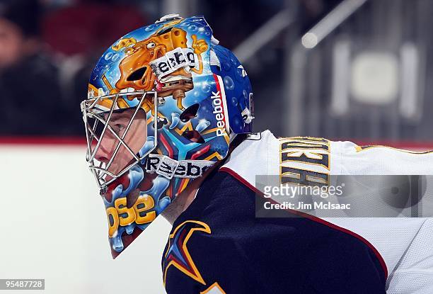 Johan Hedberg of the Atlanta Thrashers looks on against the New Jersey Devils at the Prudential Center on December 28, 2009 in Newark, New Jersey.