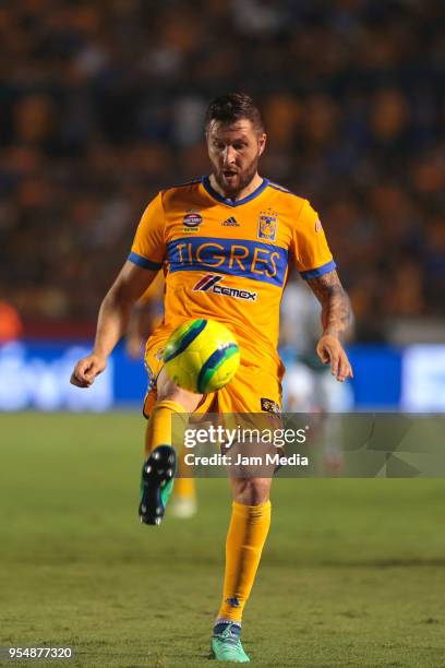 Andre-Pierre Gignac of Tigres drives the ball during the quarter finals first leg match between Tigres UANL and Santos Laguna as part of the Torneo...