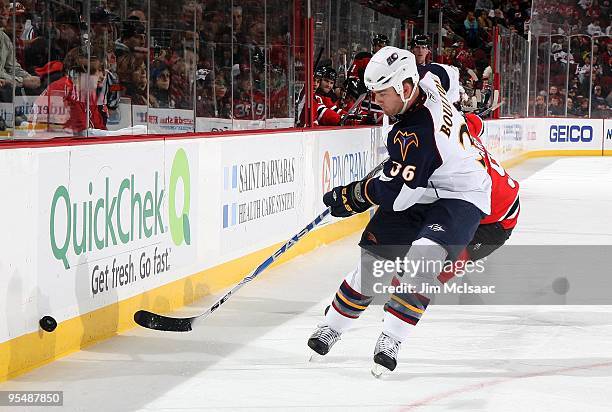 Eric Boulton of the Atlanta Thrashers skates against the New Jersey Devils at the Prudential Center on December 28, 2009 in Newark, New Jersey. The...