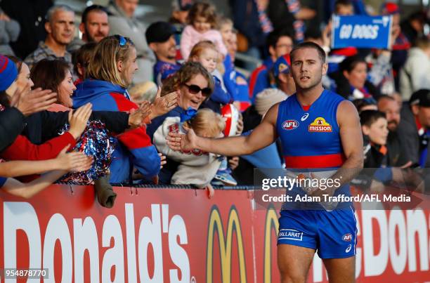 Caleb Daniel of the Bulldogs thanks fans during the 2018 AFL round seven match between the Western Bulldogs and the Gold Coast Suns at Mars Stadium...