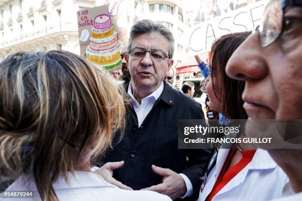 French member of Parliament and leader of the far left La France Insoumise party Jean-Luc Melenchon speaks on May 5, 2018 in central Paris during a...