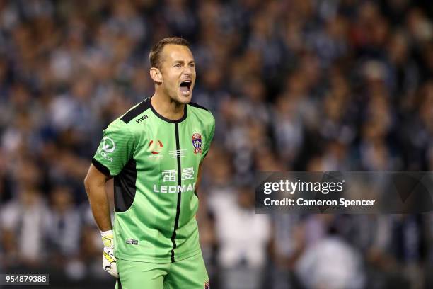 Glen Moss of the Jets shouts at team mates during the 2018 A-League Grand Final match between the Newcastle Jets and the Melbourne Victory at...