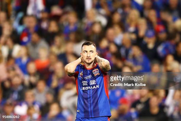 Roy O'Donovan of the Jets shows his frustration after a missed chance during the 2018 A-League Grand Final match between the Newcastle Jets and the...