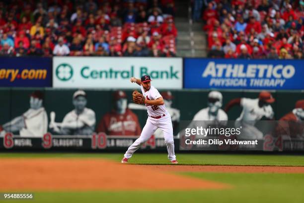 Paul DeJong of the St. Louis Cardinals throws against the Cincinnati Reds at Busch Stadium on April 22, 2018 in St. Louis, Missouri. Paul DeJong