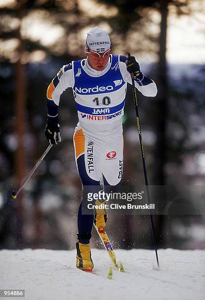 Per Elofsson of Sweden on his way to winning gold in the 10 km Classic Freestyle during day 3 of the FIS Nordic World Ski Championships 2001 held in...