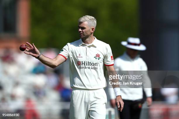 James Anderson of Lancashire in action during day two of the Specsavers County Championship match between Lancashire and Somerset at Old Trafford on...
