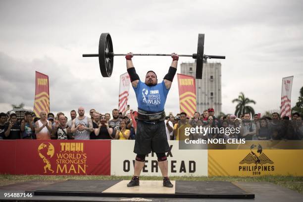 Matjaz Belsak of Slovenia lifts weights during the Max Overhead competition of the 2018 Worlds Strongest Man in Manila on May 5, 2018. / RESTRICTED...