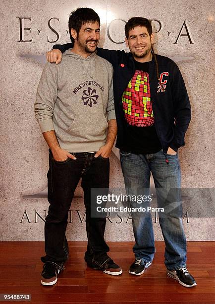 David Munoz and Jose Manuel Munoz Munoz of spanish rock band Estopa pose during a photocall to present their last compilation album X Anniversarivm...