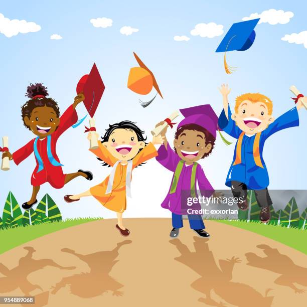 happy graduates - throwing clothes stock illustrations