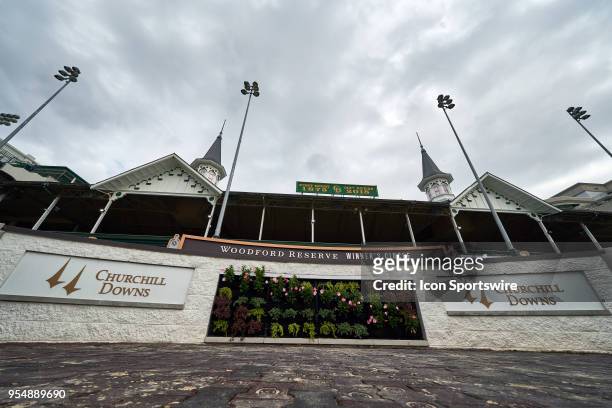 Detailed view of the twin spires at Churchill Downs and the Woodford reserve winner's circle is seen during Kentucky Oaks Day at Churchill Downs on...