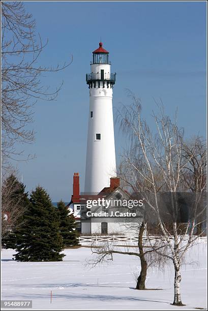 snow covered lighthouse - racine wisconsin stock pictures, royalty-free photos & images