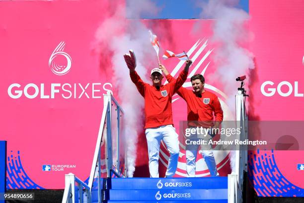 Matt Wallace of England and Eddie Pepperell of England walk out on Day One of the GolfSixes at The Centurion Club on May 5, 2018 in St Albans,...