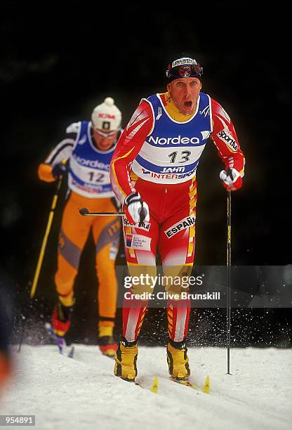 Johann Muehlegg of Spain on his way to winning silver in the 10 km Classic Freestyle during day 3 of the FIS Nordic World Ski Championships 2001 held...