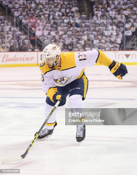 Nick Bonino of the Nashville Predators follows the play down the ice during first period action against the Winnipeg Jets in Game Three of the...