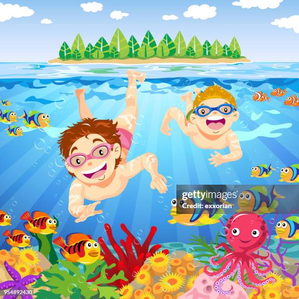 kids have fun underwater - reef stock illustrations