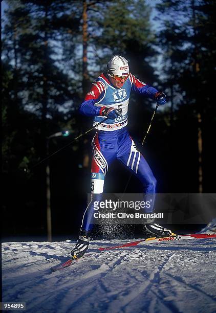Vitalij Denisov of Russia on his way to winning bronze in the 10 km Classic Freestyle during day 3 of the FIS Nordic World Ski Championships 2001...