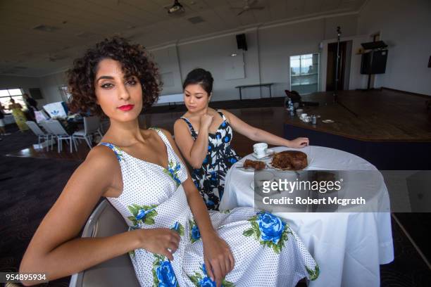 two smartly dress women, meet over coffee to discuss and compare their fashionable attire. the asian woman compares her attires unfavourably to her middle eastern companion, who confidently looks elsewhere. - robert mcgrath stock-fotos und bilder