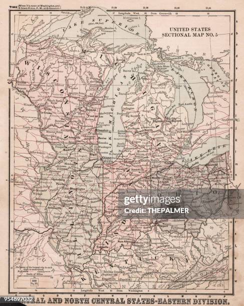 landkarte usa mittel- und nord heißt es 1881 - michigan v illinois stock-grafiken, -clipart, -cartoons und -symbole