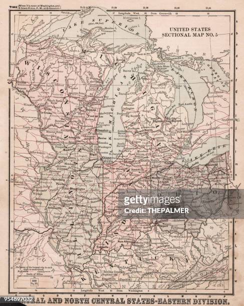 map of usa central and north states 1881 - illinois v wisconsin stock illustrations