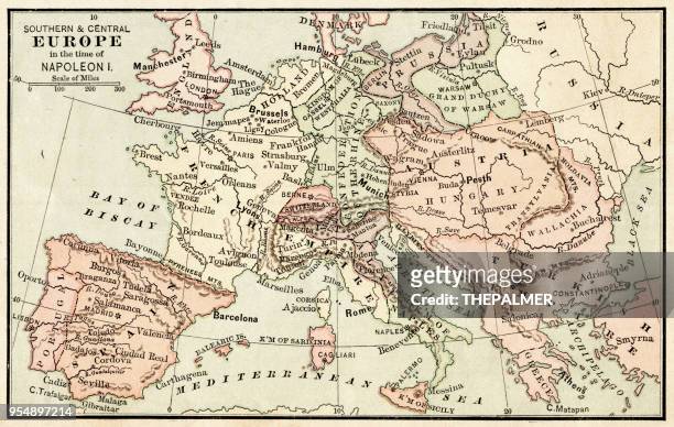 stockillustraties, clipart, cartoons en iconen met kaart van europa in de tijd van napoleon ik 1881 - europese cultuur