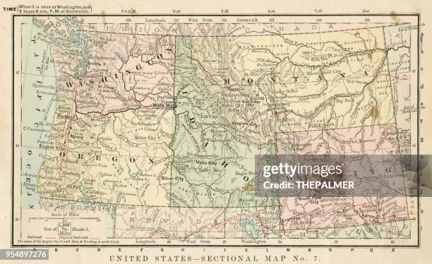 ilustraciones, imágenes clip art, dibujos animados e iconos de stock de mapa de usa 1881 - idaho